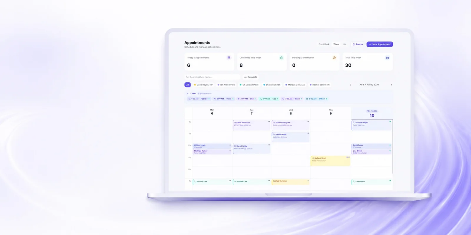 Aminova appointment scheduling shown on a laptop, with a colour-coded provider calendar