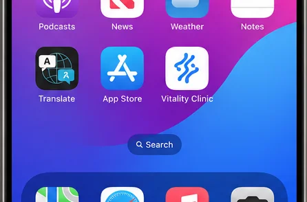 A clinic-branded Aminova app icon on an iPhone home screen next to the App Store and Translate