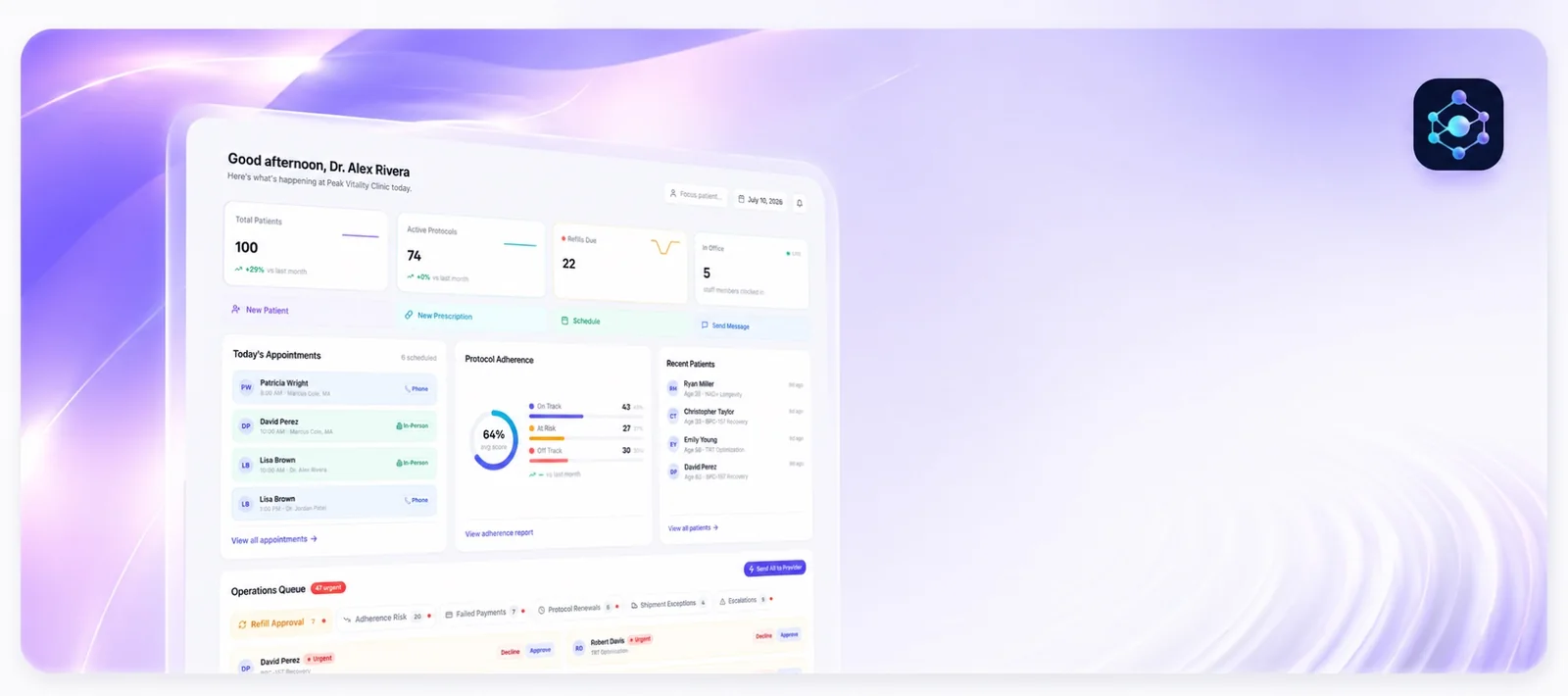 The Aminova clinic dashboard with patient list, protocol adherence chart and revenue summary