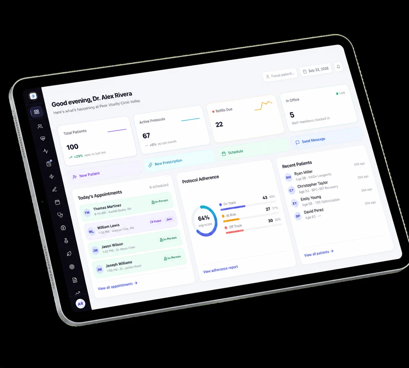 The Aminova clinic dashboard on an iPad, showing today’s appointments, active protocols, refills due and protocol adherence