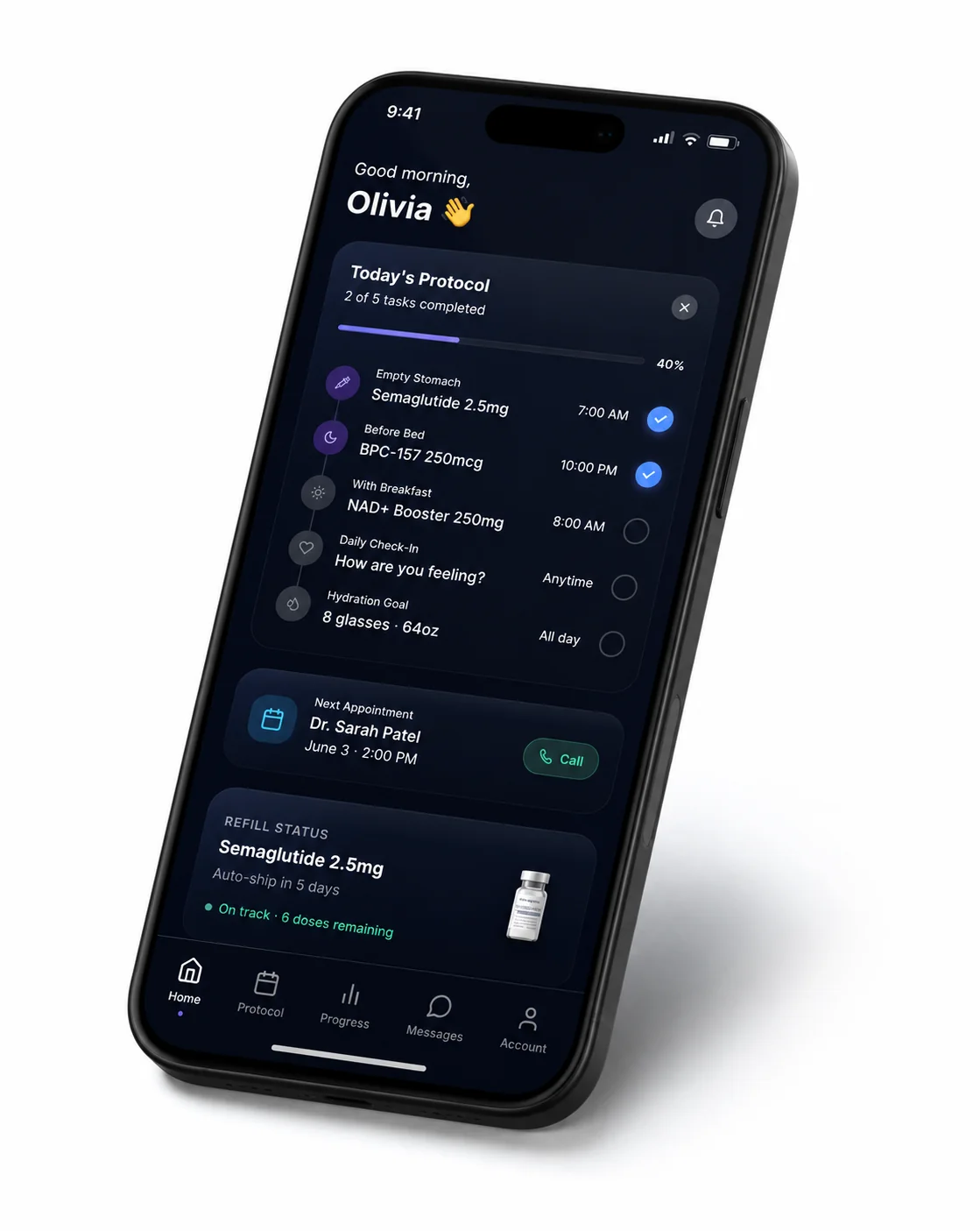 The Aminova patient app showing a daily protocol with medication doses, times and check-in