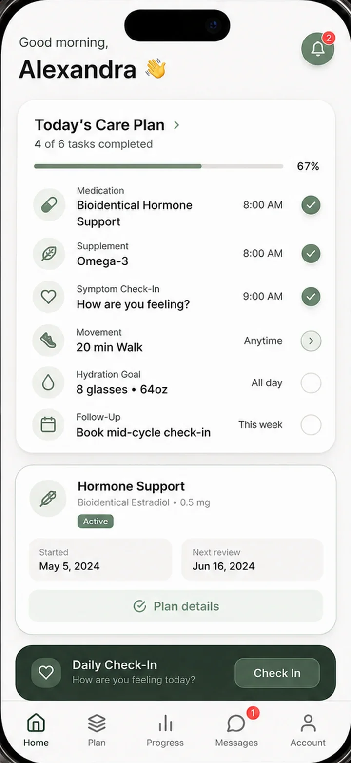 A branded clinic app showing a patient’s care plan with medication, symptom check-in and hormone support