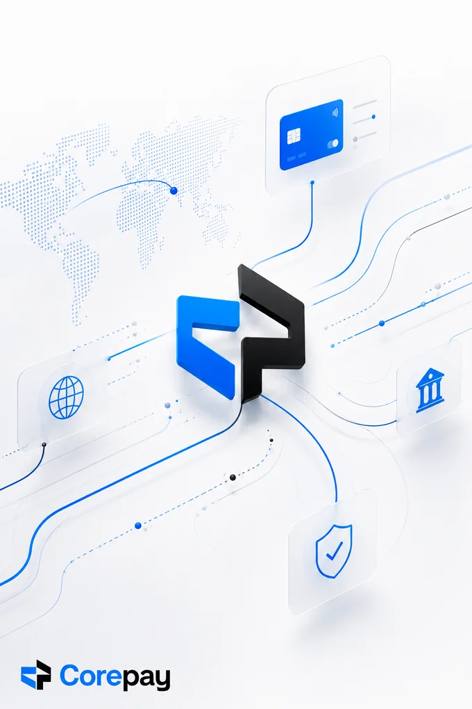 Corepay high-risk merchant processing integration with Aminova, shown on a connected world map