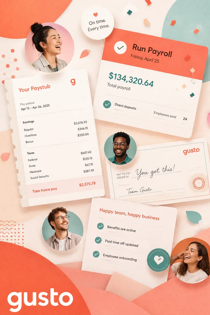 Gusto payroll integration with Aminova, showing payroll and team cards