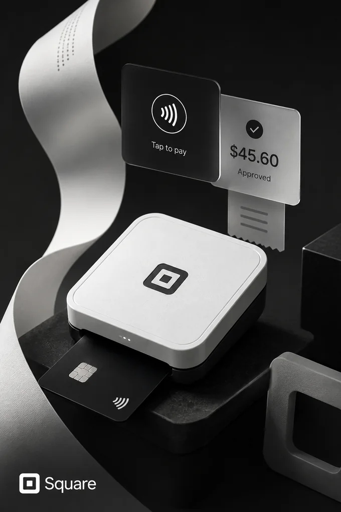 Square payments and terminal integration with Aminova, showing a card reader taking a payment