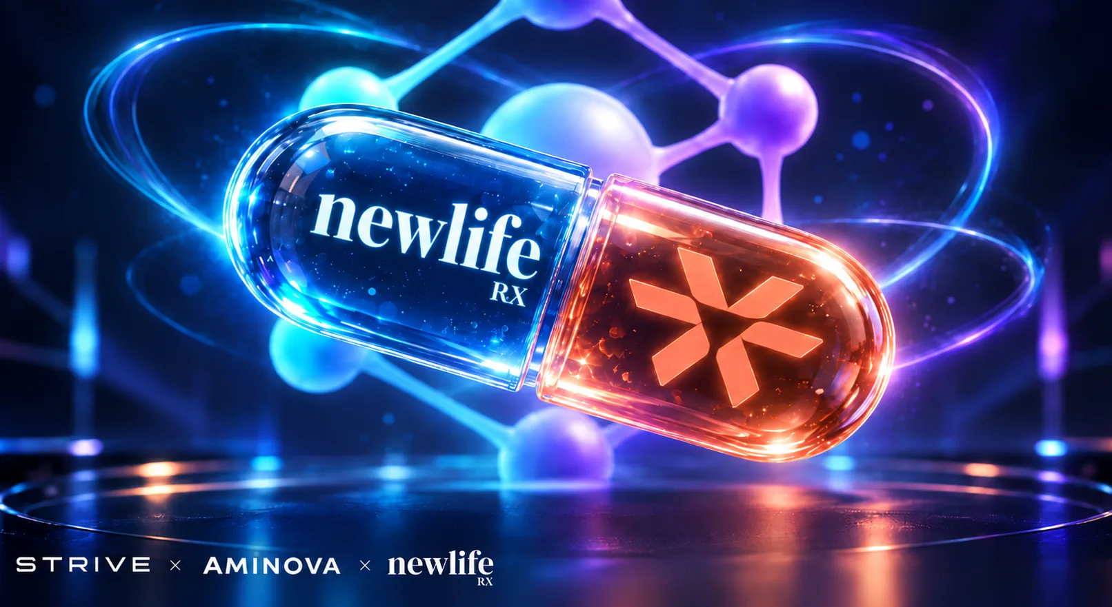A capsule carrying the NewLife Rx and Strive marks, with Strive, Aminova and NewLife Rx named along the bottom