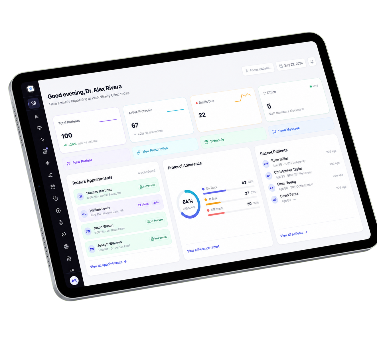 The Aminova clinic dashboard running on an iPad
