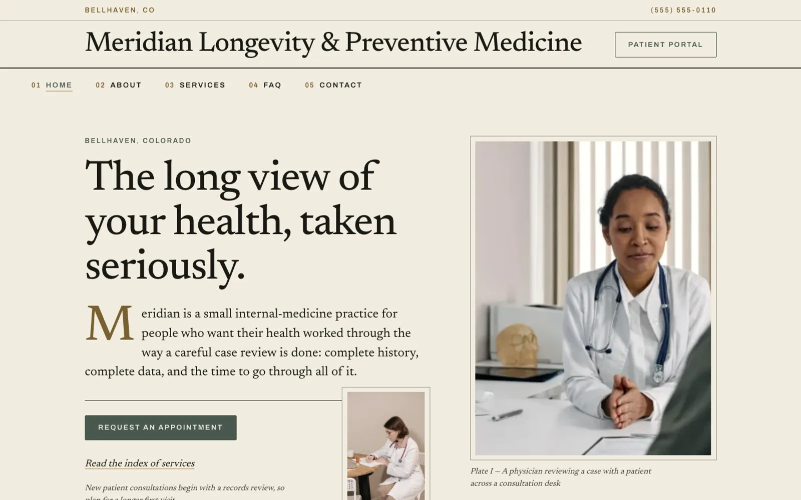 The Journal template: the home page of Meridian Longevity & Preventive Medicine, a fictional demonstration clinic.