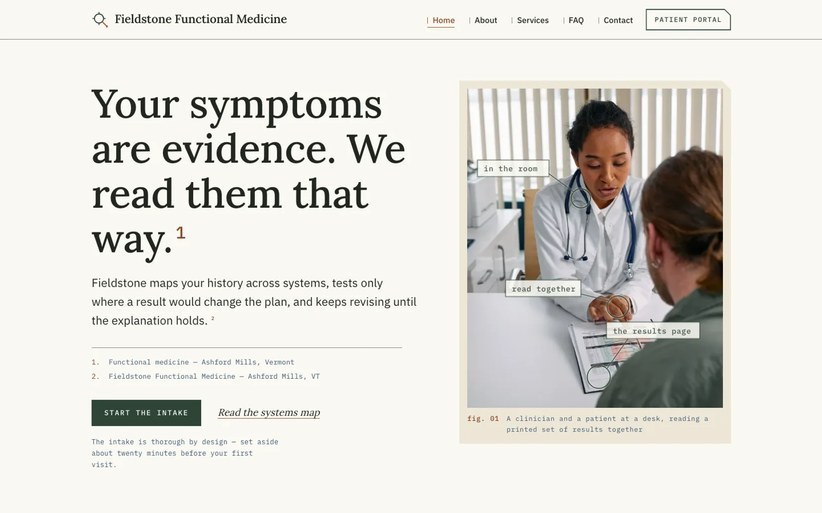 The Root & Reason template: the home page of Fieldstone Functional Medicine, a fictional demonstration clinic.
