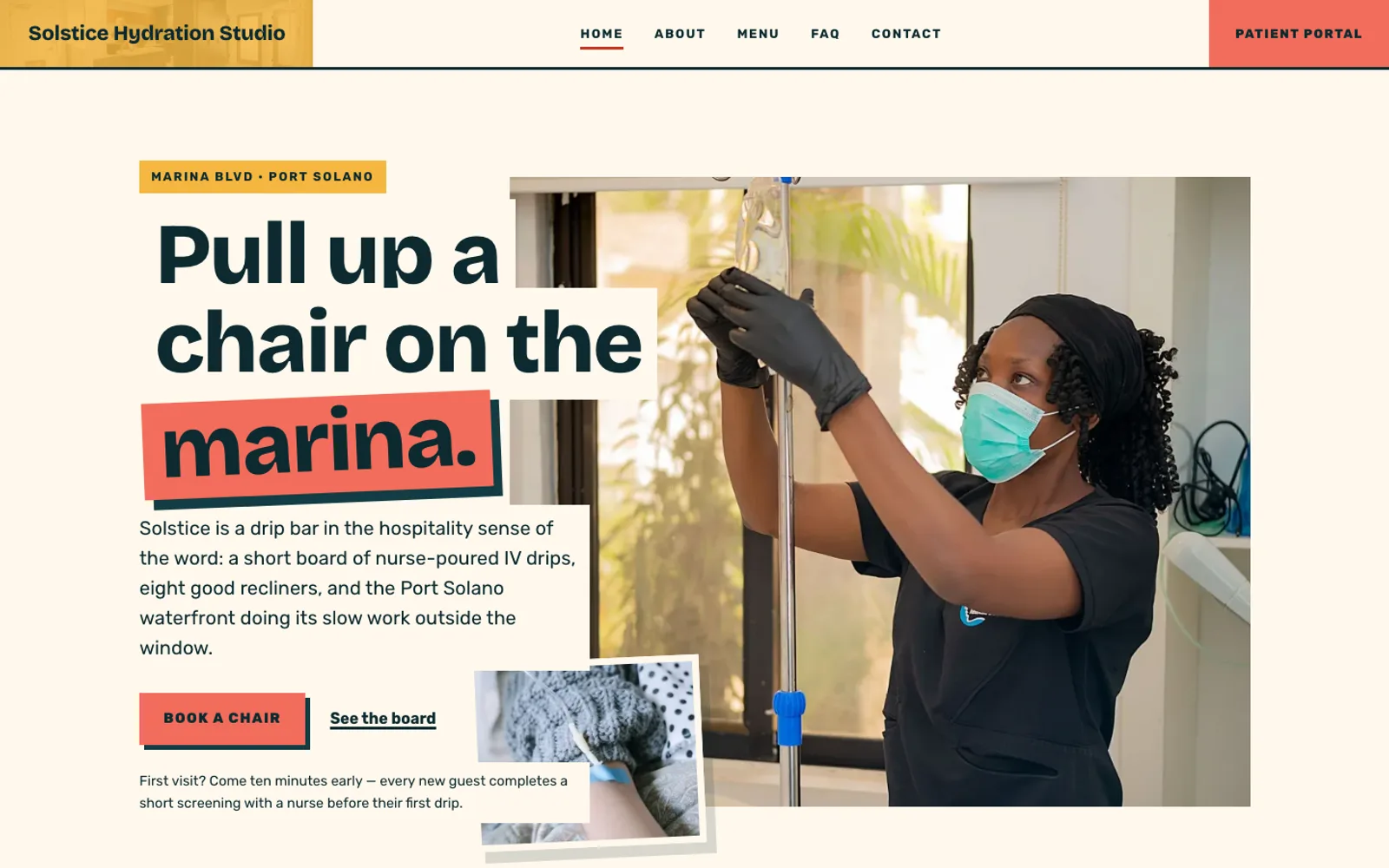 The Drip Social template: the home page of Solstice Hydration Studio, a fictional demonstration clinic.