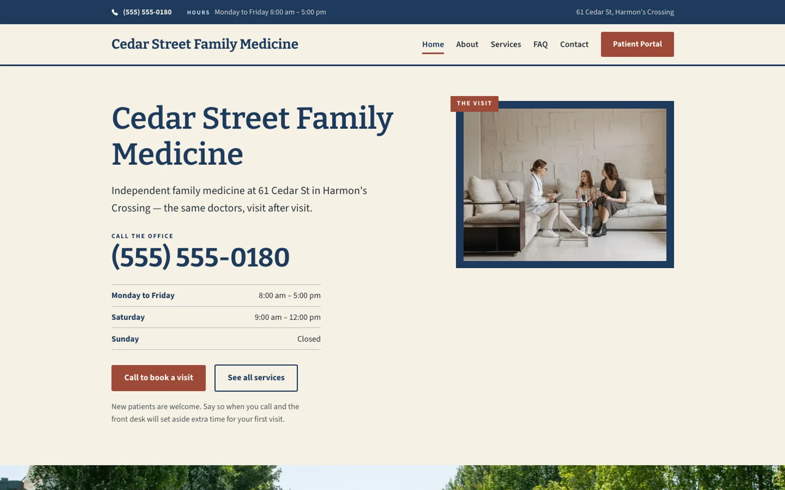 The Commonwell template: the home page of Cedar Street Family Medicine, a fictional demonstration clinic.