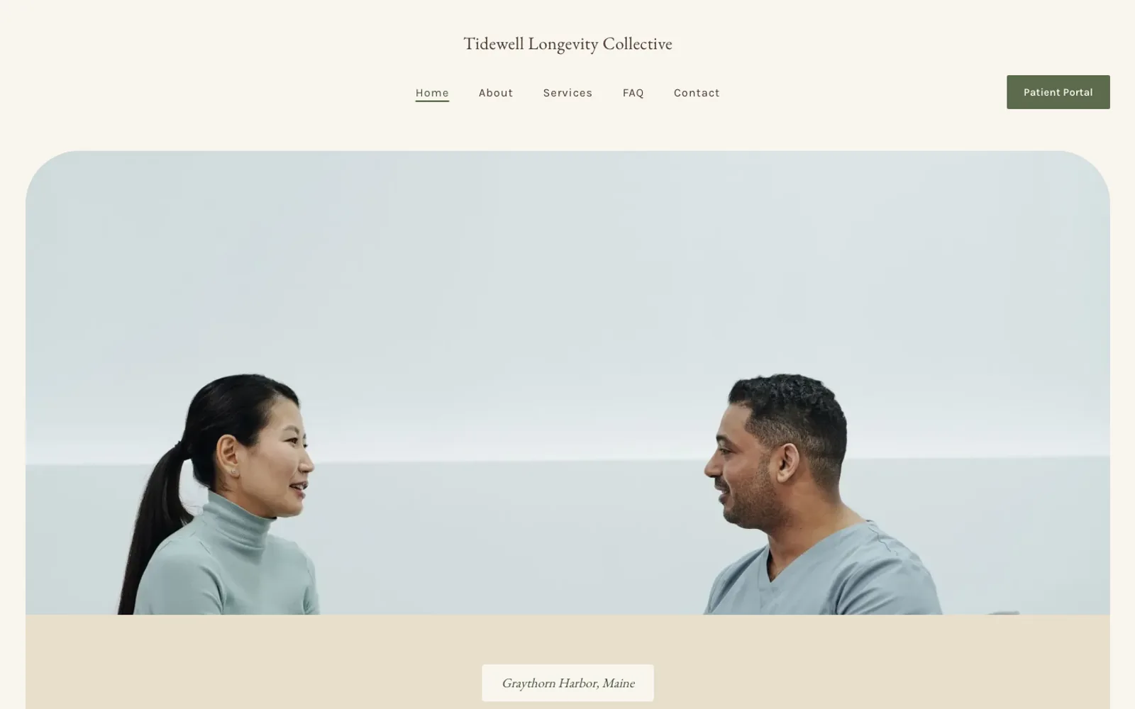 The Stillpoint template: the home page of Tidewell Longevity Collective, a fictional demonstration clinic.